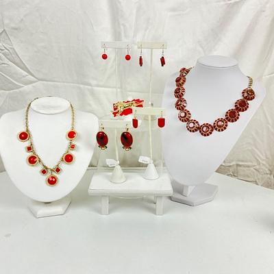 363 Red Stone Statement Rhinestone Necklace and Earrings, with Lion Ring