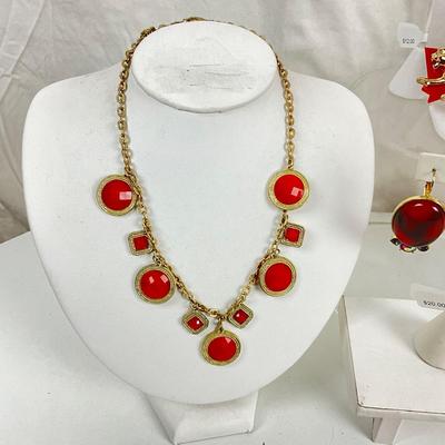 363 Red Stone Statement Rhinestone Necklace and Earrings, with Lion Ring