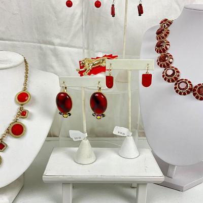 363 Red Stone Statement Rhinestone Necklace and Earrings, with Lion Ring