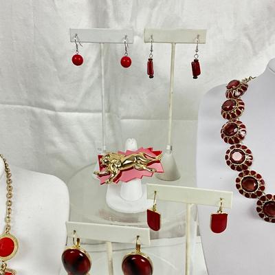 363 Red Stone Statement Rhinestone Necklace and Earrings, with Lion Ring