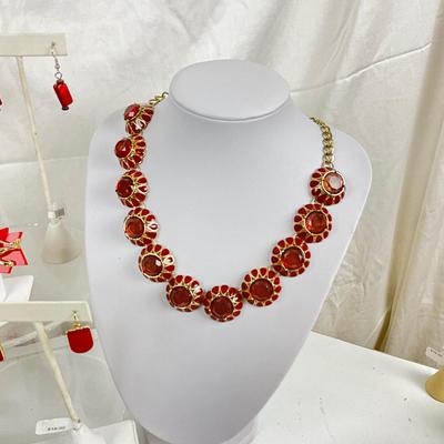 363 Red Stone Statement Rhinestone Necklace and Earrings, with Lion Ring