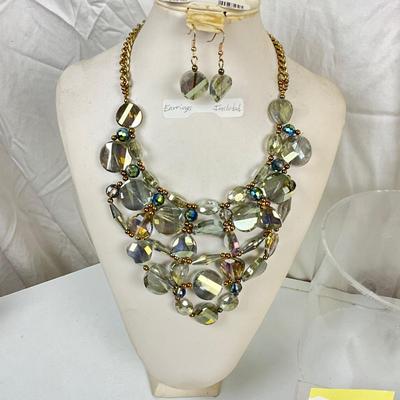 364 Smokey Grey Iridescent Statement Necklace with Earrings