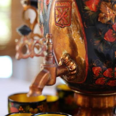 Vintage Russian Samowar Teapot W/ Serving Tray & (11) Cups