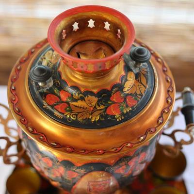 Vintage Russian Samowar Teapot W/ Serving Tray & (11) Cups
