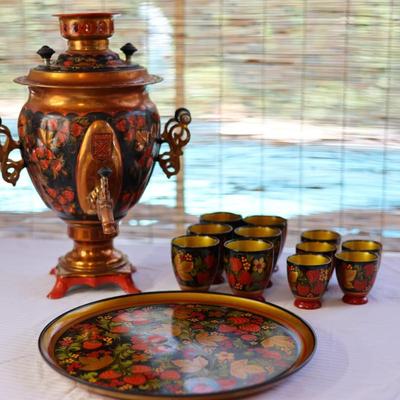 Vintage Russian Samowar Teapot W/ Serving Tray & (11) Cups