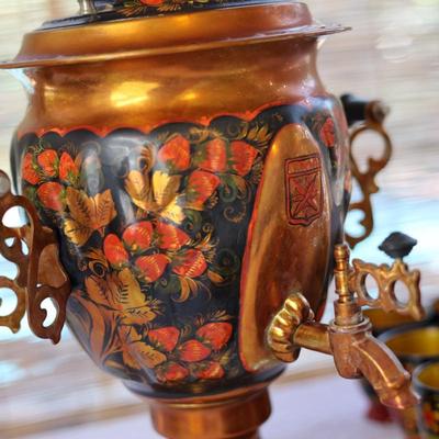 Vintage Russian Samowar Teapot W/ Serving Tray & (11) Cups