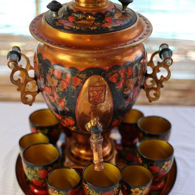 Vintage Russian Samowar Teapot W/ Serving Tray & (11) Cups