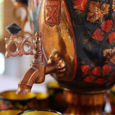 Vintage Russian Samowar Teapot W/ Serving Tray & (11) Cups