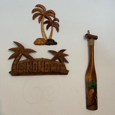 Hawaiian Bamboo Lamp & (3) Wood Decor Pieces