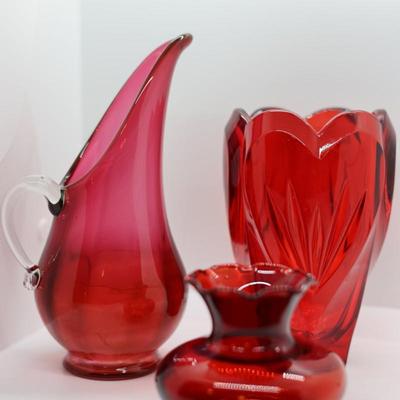 Cranberry Glass Pitcher & (2) Vases