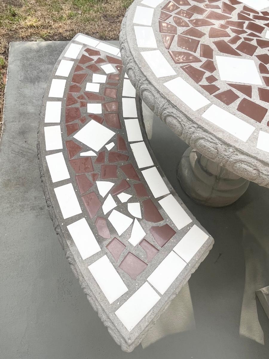 Mosaic Tiled Cement Patio Table With Three Matching Benches