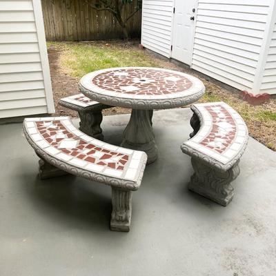 Mosaic Tiled Cement Patio Table With Three Matching Benches