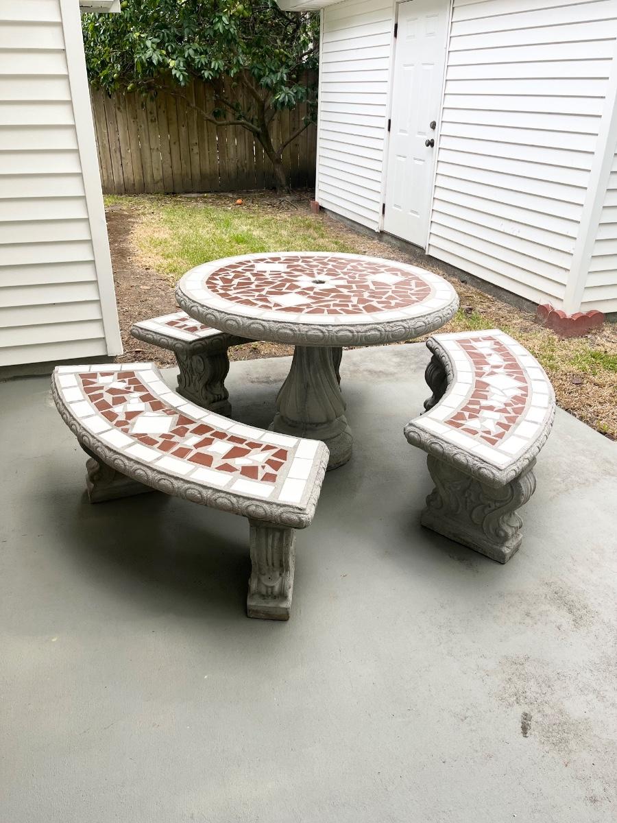Mosaic Tiled Cement Patio Table With Three Matching Benches