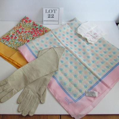 Lot of Ladies Scarves, Hankie, Vintage Gloves