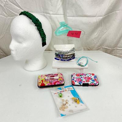 365 Fun Gift Lot, Hair Clip, Mermaid Bracelet, Headband, Two Card Wallets, Shoe Charms