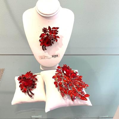 369 Three Red Rhinestone Brooches