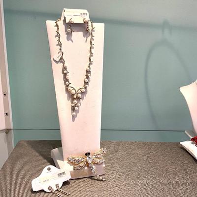 370 Dragonfly Rhinestone Pin, Two Earrings, Rhinestone Necklace