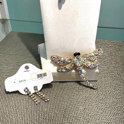 370 Dragonfly Rhinestone Pin, Two Earrings, Rhinestone Necklace