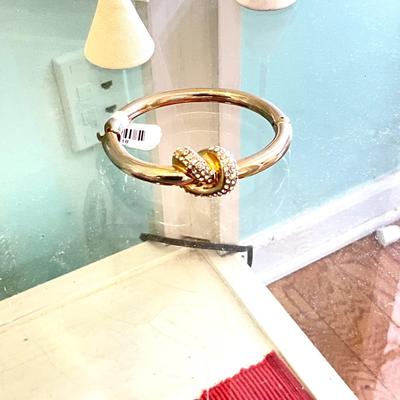 373 Gold tone Heart Necklace with Knot Bangle Bracelet and Four Pairs of Earrings