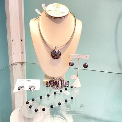 375 Black and White Necklace with Omega Necklace and Charm, Earrings, Barrette