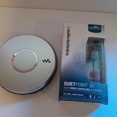 Portable Sony compact disc player with new Audio-technica Quiet point headphones