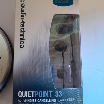 Portable Sony compact disc player with new Audio-technica Quiet point headphones