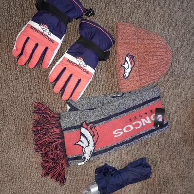 Denver Bronco's Winter apparel Hat, Scarf, Gloves with an umbrella