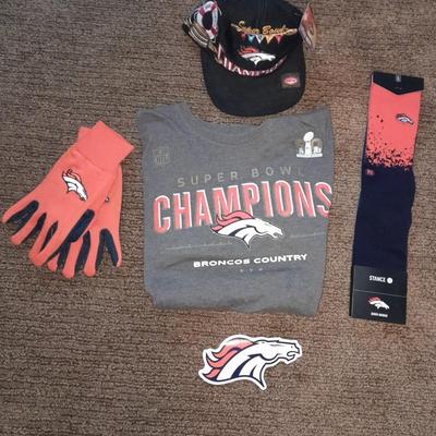 Denver Bronco's apparel new socks, Gloves, hat, T-shirt and a sticker