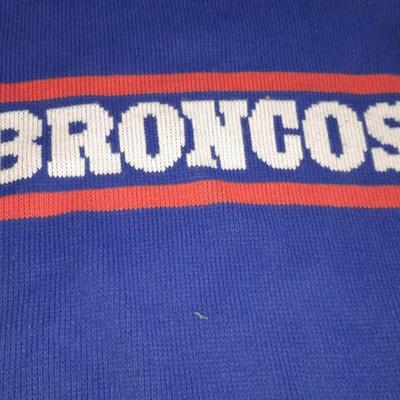 Vintage Broncos sweater, with vintage beanie hat and baseball cap