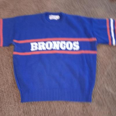 Vintage Broncos sweater, with vintage beanie hat and baseball cap