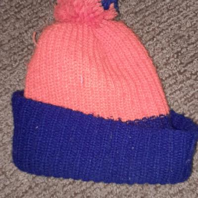 Vintage Broncos sweater, with vintage beanie hat and baseball cap