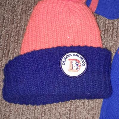 Vintage Broncos sweater, with vintage beanie hat and baseball cap
