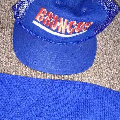 Vintage Broncos sweater, with vintage beanie hat and baseball cap