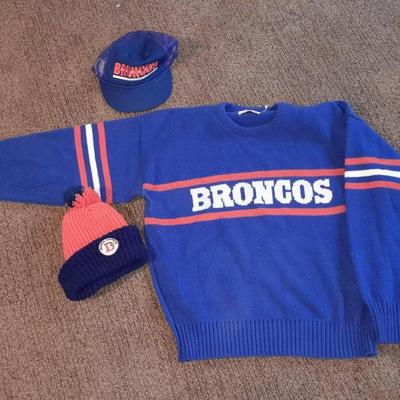 Vintage Broncos sweater, with vintage beanie hat and baseball cap