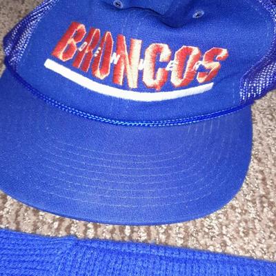 Vintage Broncos sweater, with vintage beanie hat and baseball cap
