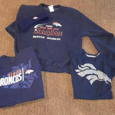 Bronco's apparel Champions Sweatshirt, and two Bronco's t-shirts