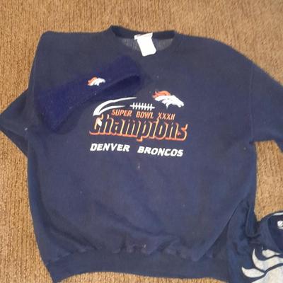 Bronco's apparel Champions Sweatshirt, and two Bronco's t-shirts
