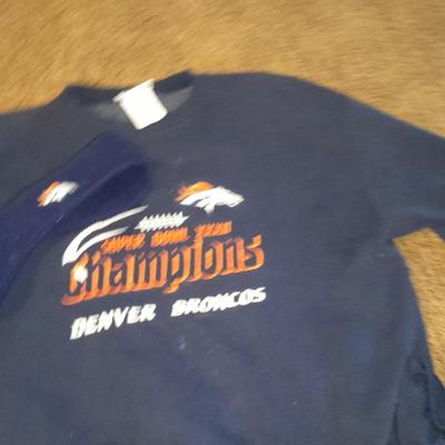 Bronco's apparel Champions Sweatshirt, and two Bronco's t-shirts