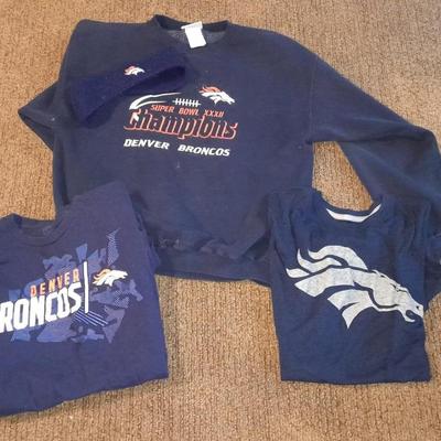 Bronco's apparel Champions Sweatshirt, and two Bronco's t-shirts