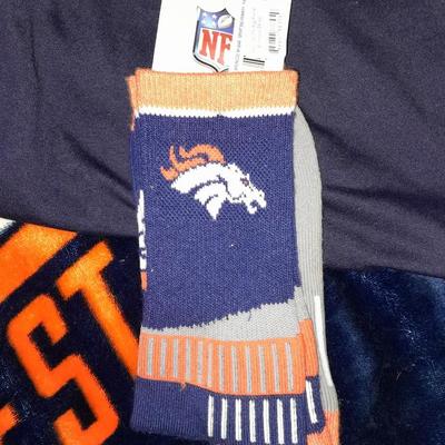 Bronco's blanket cuddle up game time with t-shirt and new socks