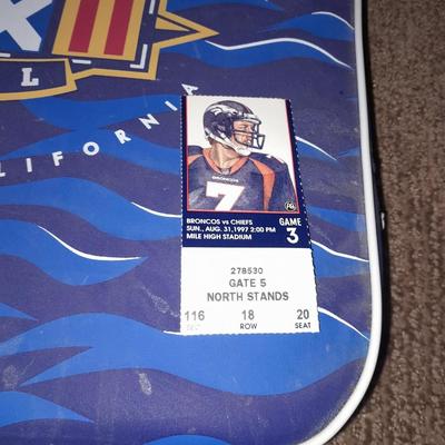 Bronco's collectible items from Superbowl and John Elway Seat cushion, Apron John Elway ticket stub