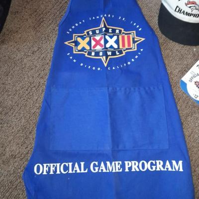 Bronco's collectible items from Superbowl and John Elway Seat cushion, Apron John Elway ticket stub