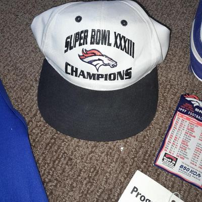 Bronco's collectible items from Superbowl and John Elway Seat cushion, Apron John Elway ticket stub