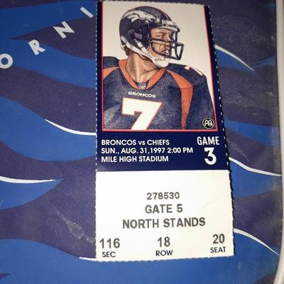 Bronco's collectible items from Superbowl and John Elway Seat cushion, Apron John Elway ticket stub