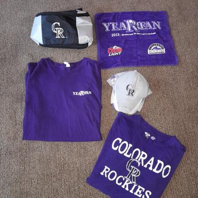Colorado Rockies Apparel Shirts, hat and cooler bag