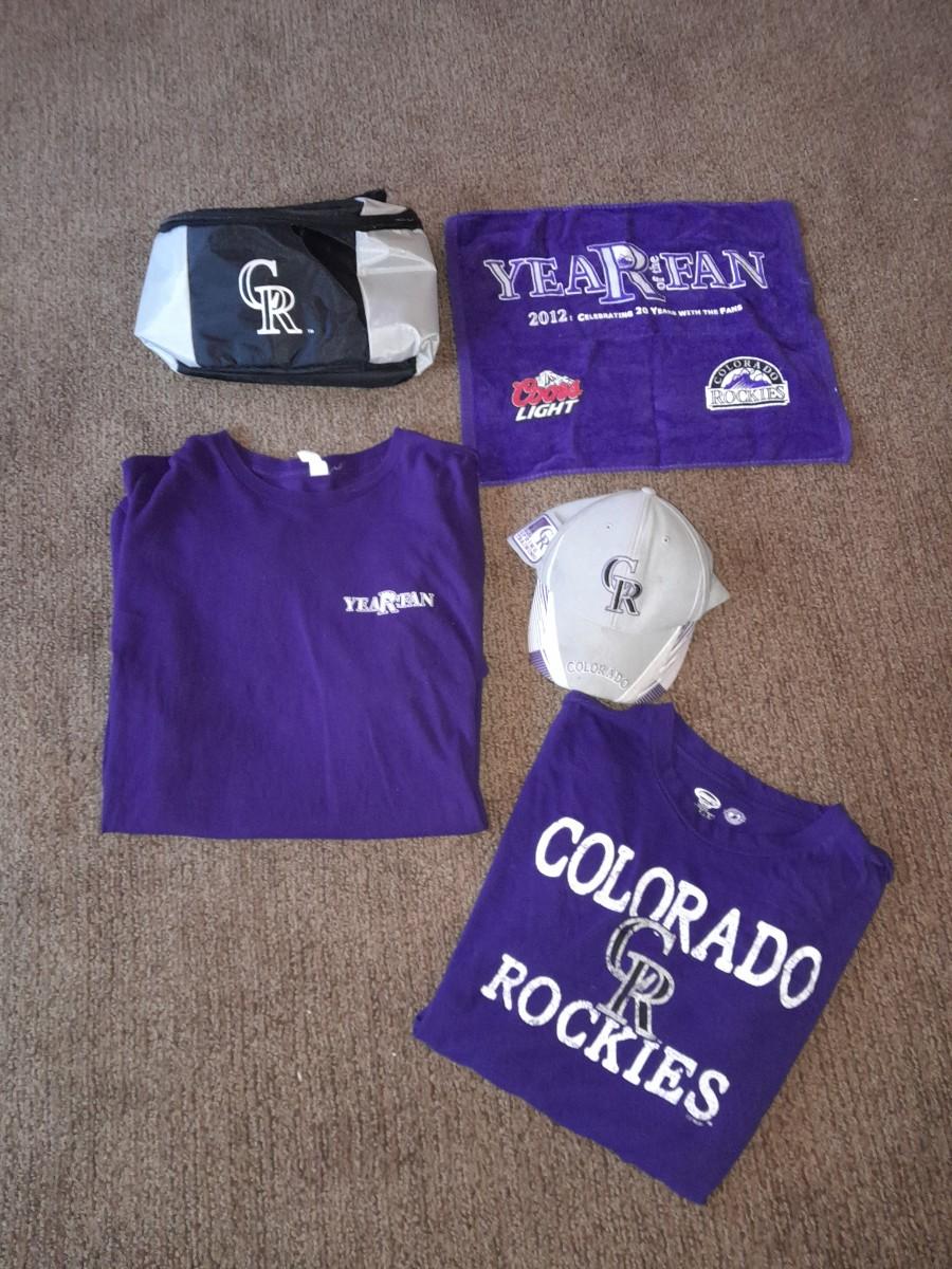 Colorado Rockies Apparel Shirts, hat and cooler bag