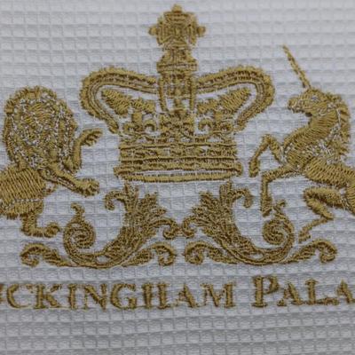 Palissy Porcelain Plate of Queen Elizabeth W/ Stainless Spoon & (2) Buckingham Palace Tea Towels