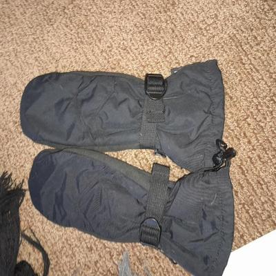 Winter wear, White, Black, and Gray scarves with a pair of Columbia gloves and stocking cap