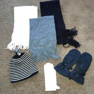 Winter wear, White, Black, and Gray scarves with a pair of Columbia gloves and stocking cap