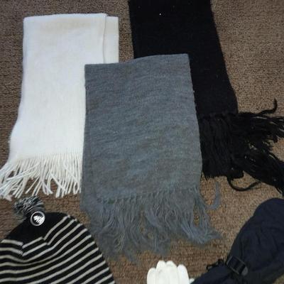 Winter wear, White, Black, and Gray scarves with a pair of Columbia gloves and stocking cap